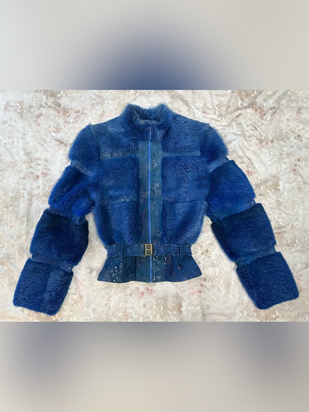 Gina Bacconi Deep Blue Real Fur Belted Jacket